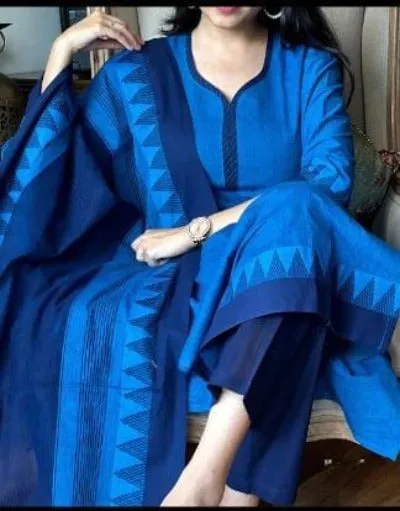 Blue South Handloom Cotton Temple Border Salwar Suit Set