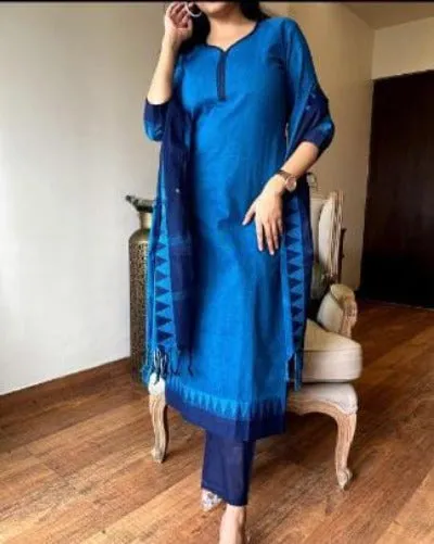 Blue South Handloom Cotton Temple Border Salwar Suit Set