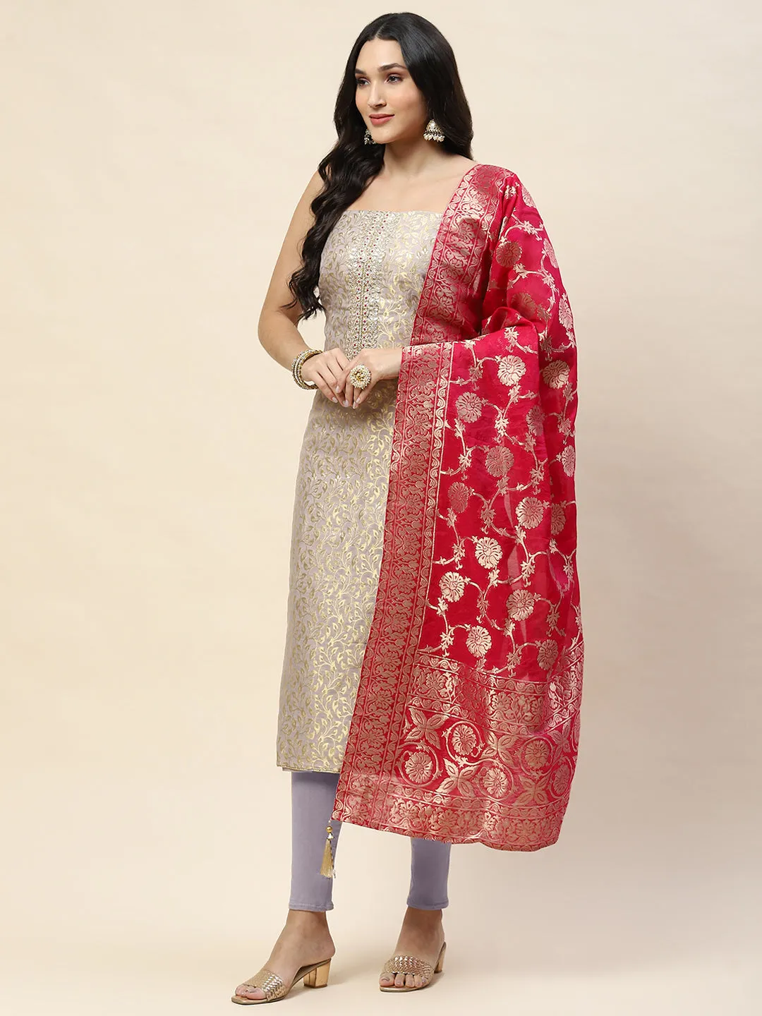 Booti Woven Chanderi Unstitched Suit Dupatta