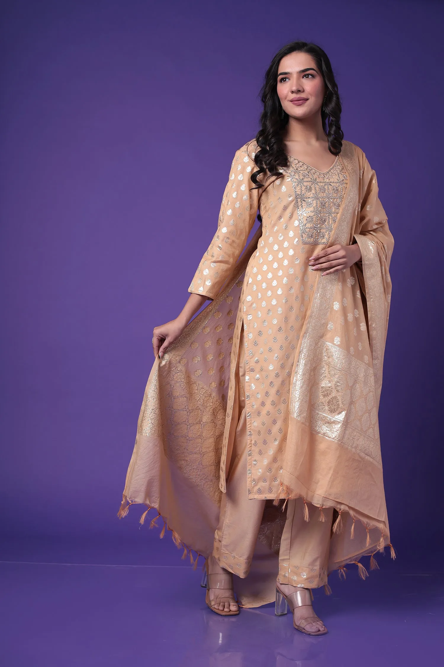 Chanderi Straight Suit with Dori and Embroidered work