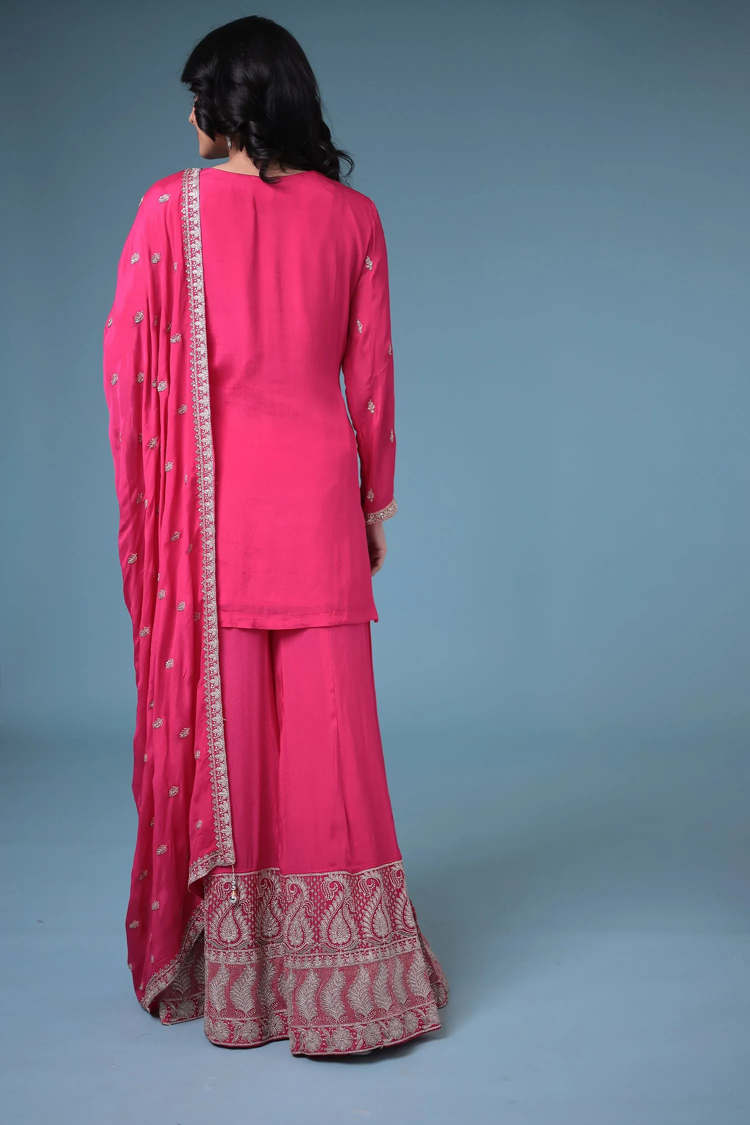 Chinon Straight Cut Palazzo Suit with Cutdana and Pearl work.