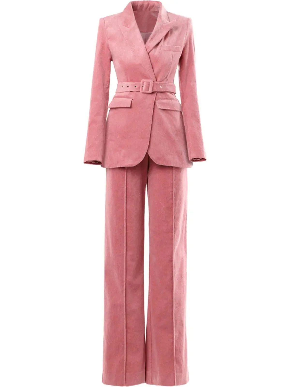 Corduroy Pink Buckle Belted Blazer & Flare Pants Set