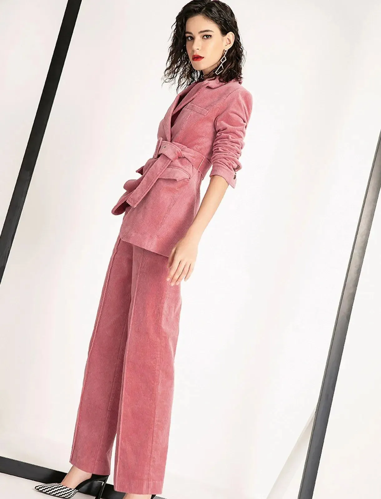 Corduroy Pink Buckle Belted Blazer & Flare Pants Set