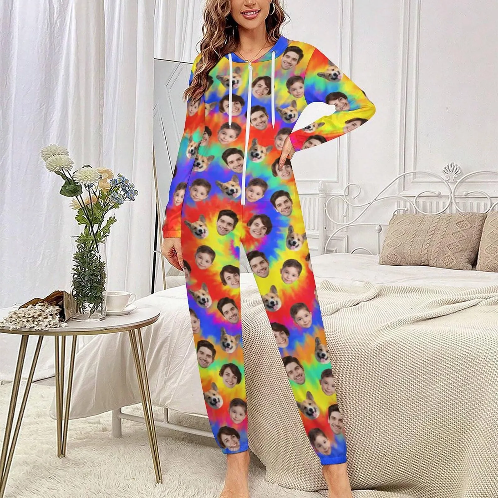 Custom Face Rainbow Unisex Adult Hooded Onesie Jumpsuits with Pocket Personalized Zip One-piece Pajamas