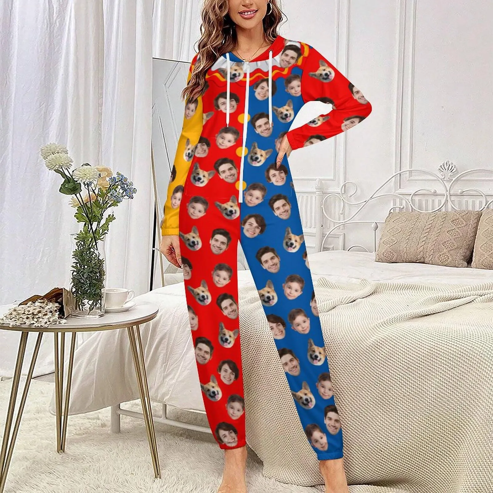 Custom Face Rainbow Unisex Adult Hooded Onesie Jumpsuits with Pocket Personalized Zip One-piece Pajamas