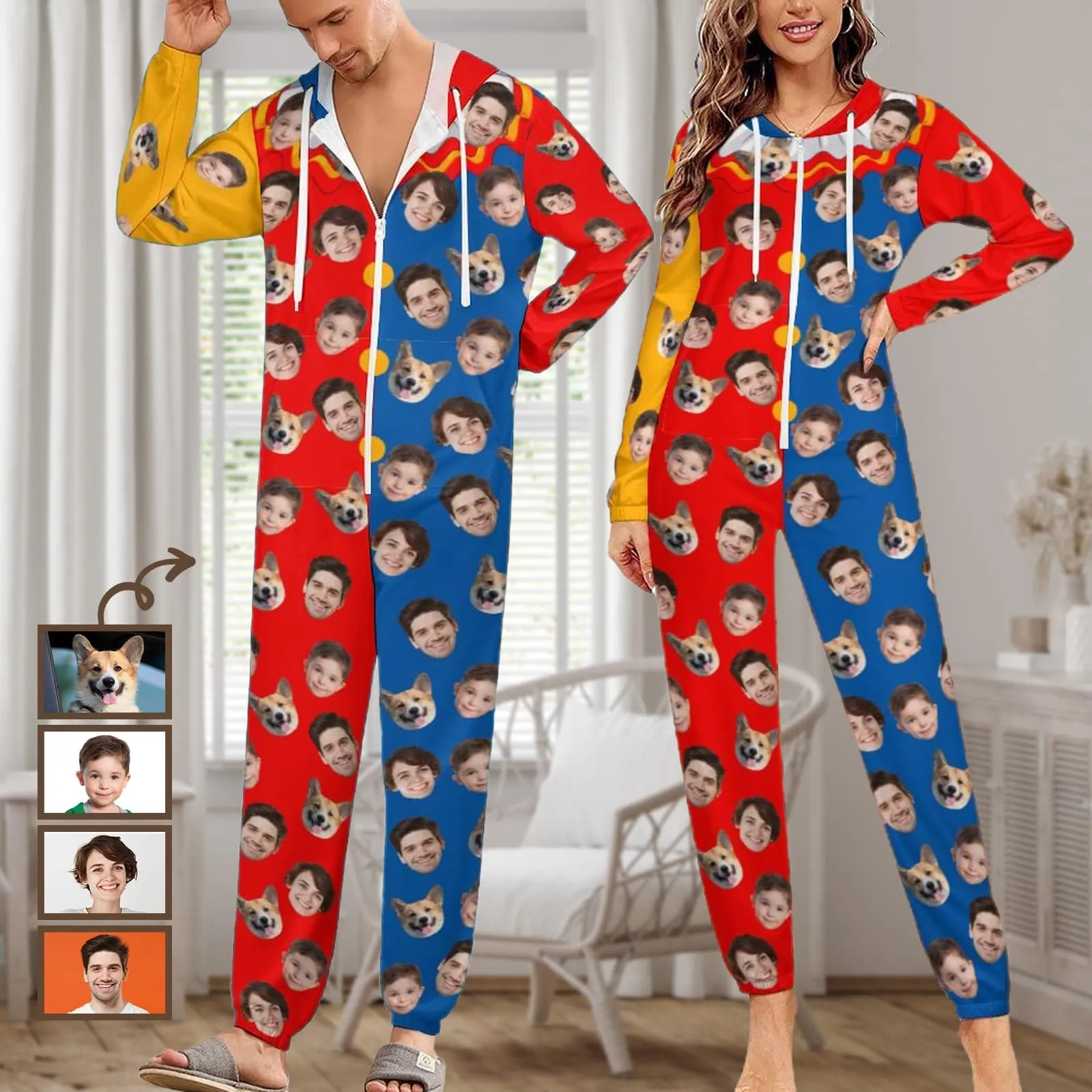 Custom Face Rainbow Unisex Adult Hooded Onesie Jumpsuits with Pocket Personalized Zip One-piece Pajamas