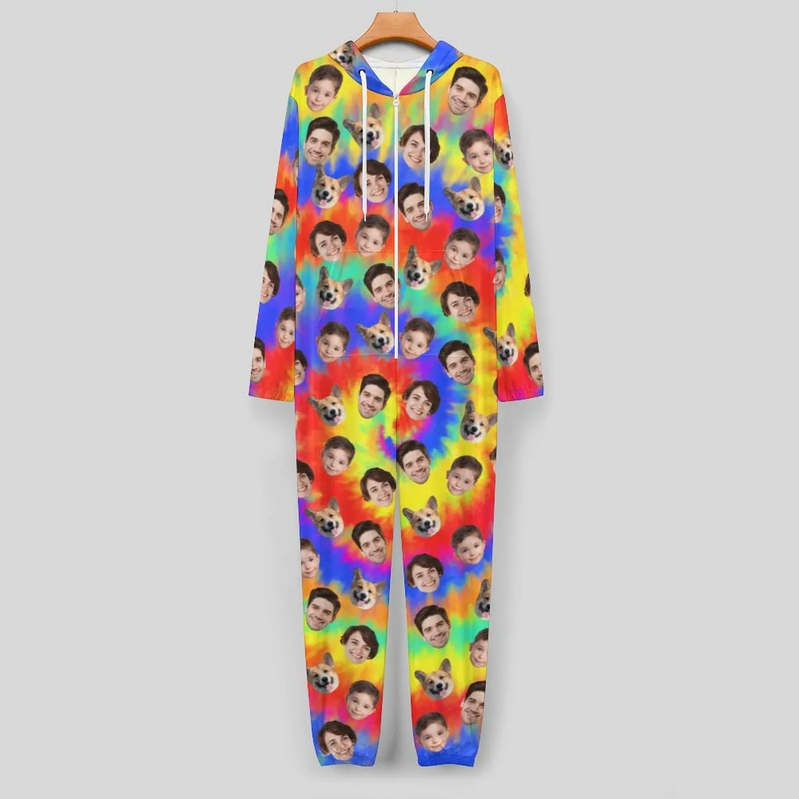 Custom Face Rainbow Unisex Adult Hooded Onesie Jumpsuits with Pocket Personalized Zip One-piece Pajamas