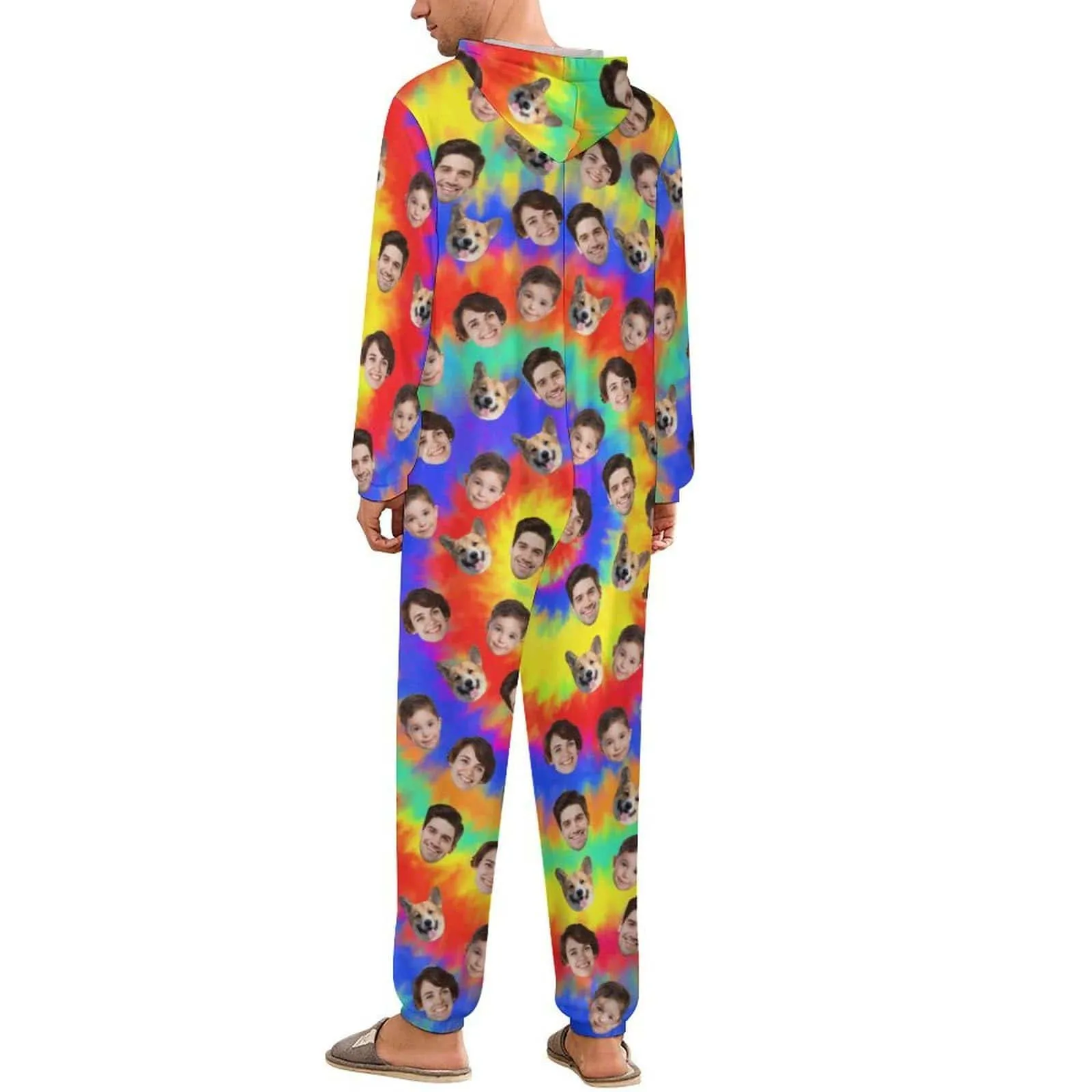 Custom Face Rainbow Unisex Adult Hooded Onesie Jumpsuits with Pocket Personalized Zip One-piece Pajamas