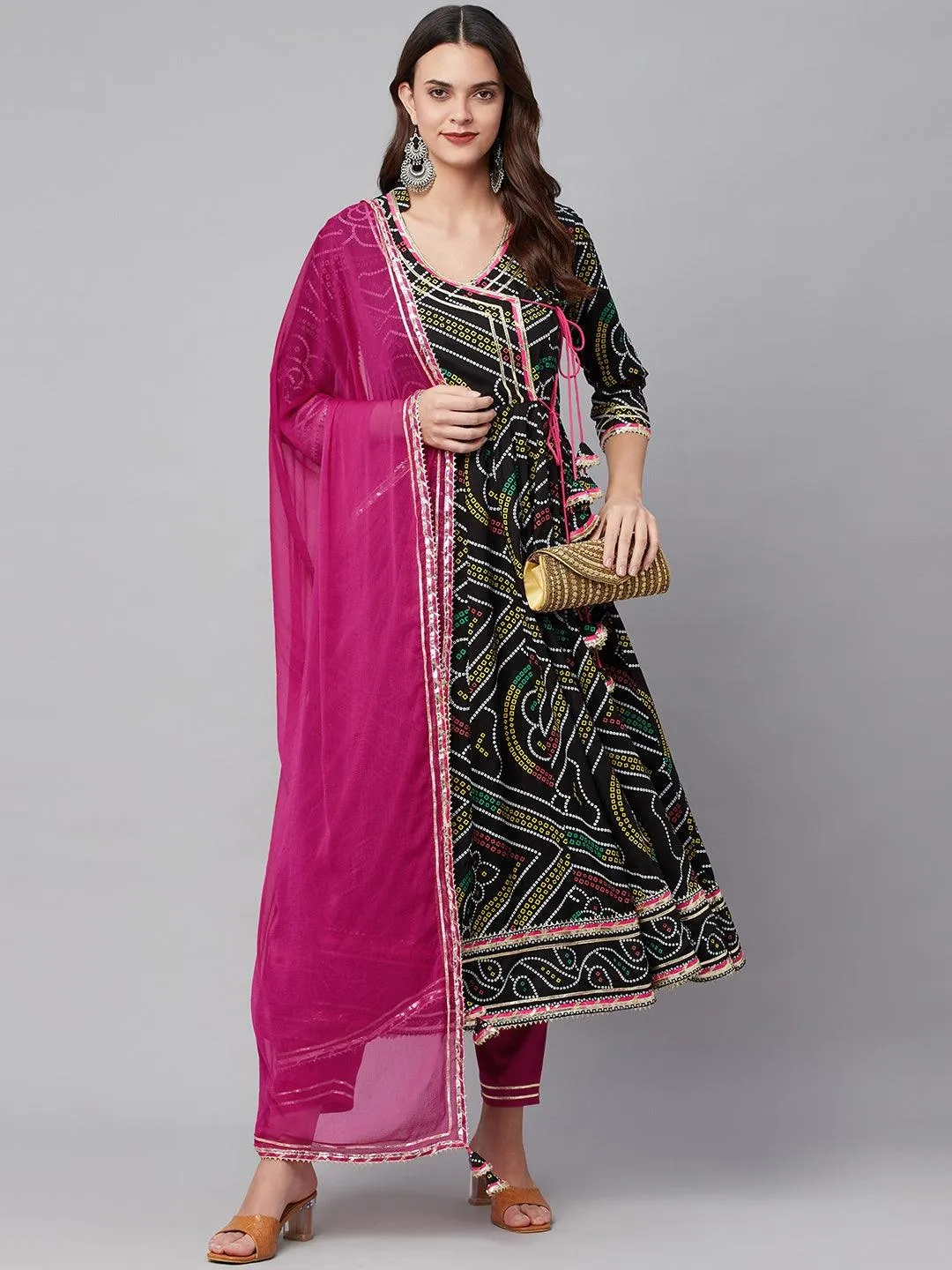 Divena Black Bandhani Print Anarkali Kurta Pant set with Dupatta