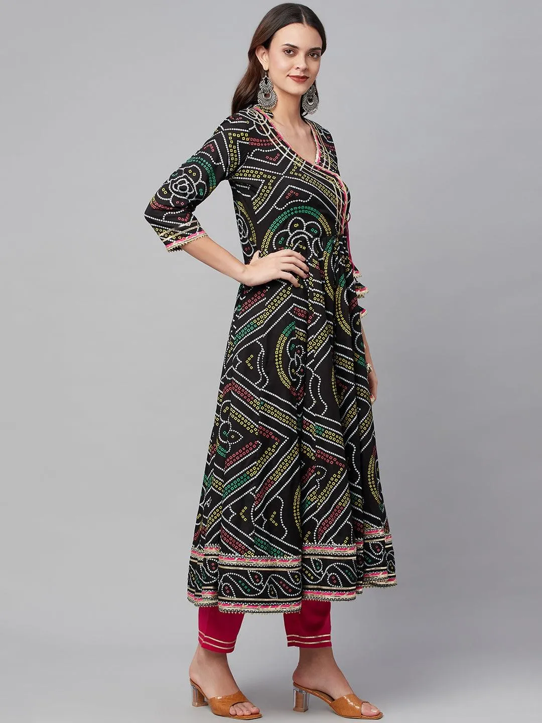 Divena Black Bandhani Print Anarkali Kurta Pant set with Dupatta