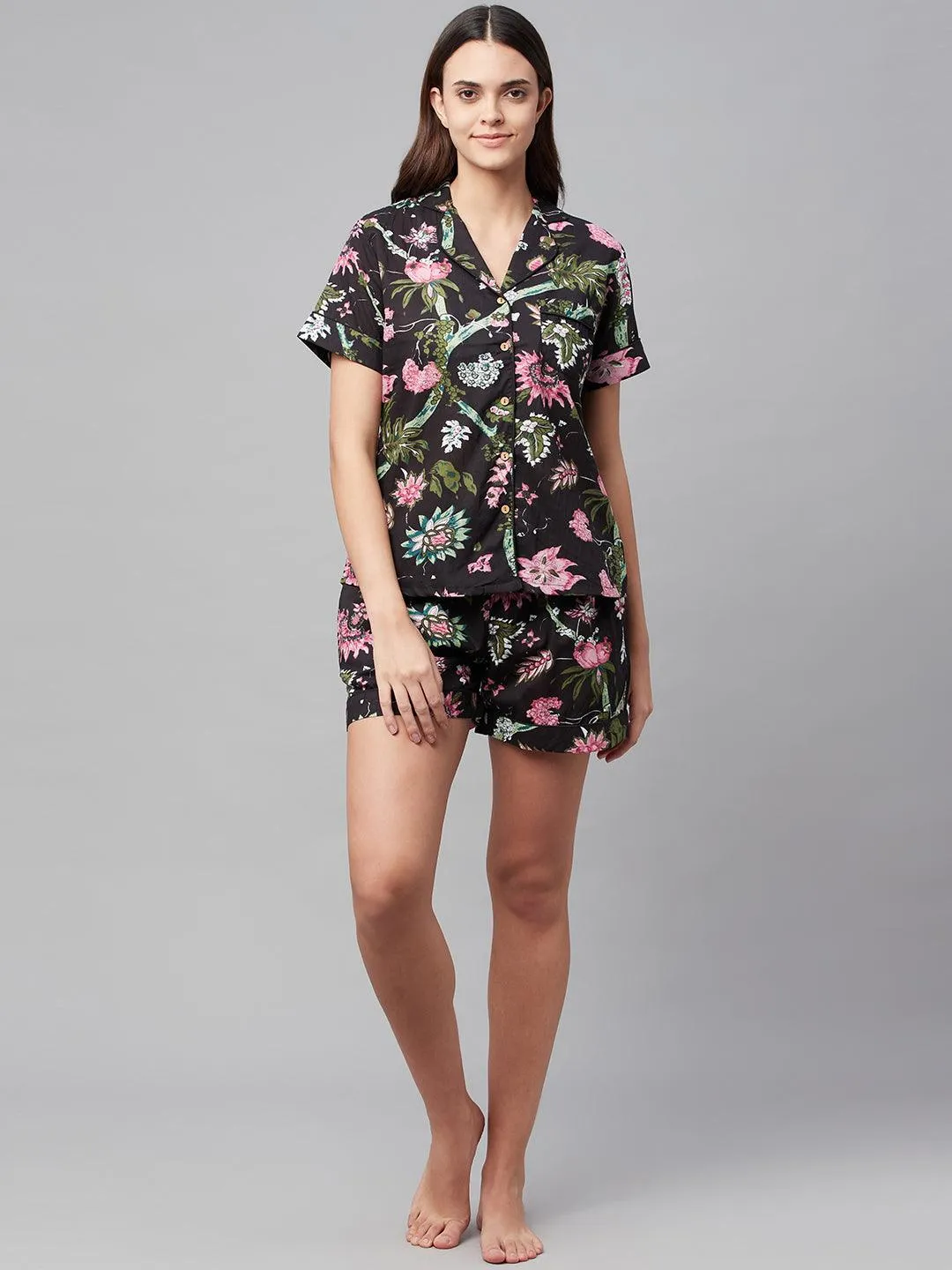 Divena Black Cotton Floral Print Night Suit