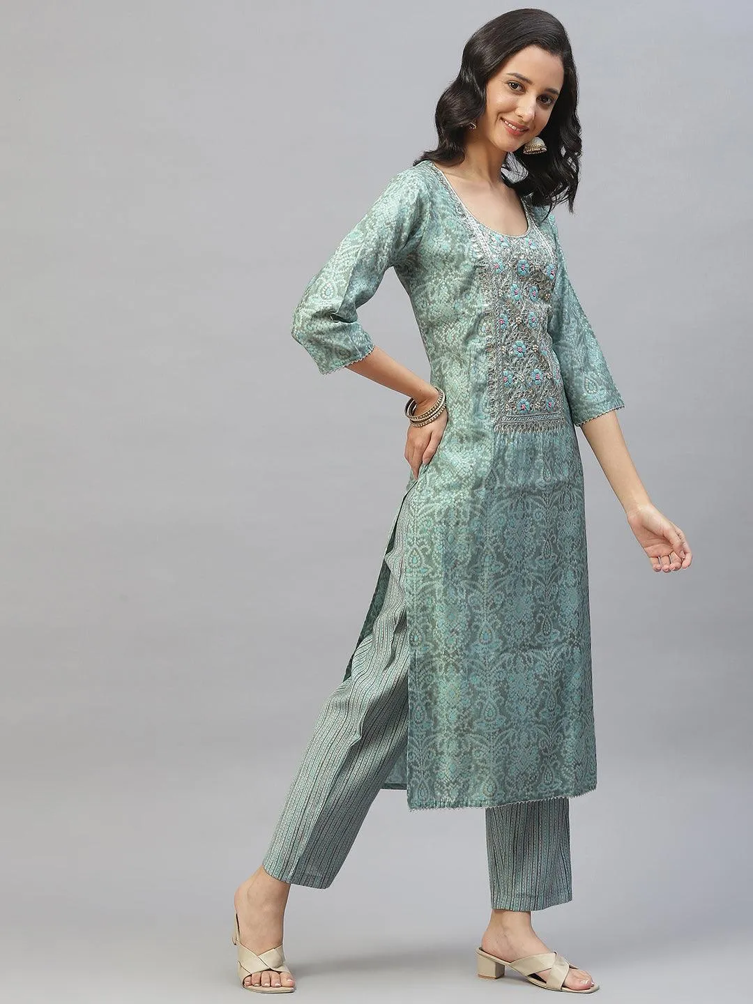 Divena Blue Hand Work Bandhani Printed Muslin Kurta Pant Set with Dupatta