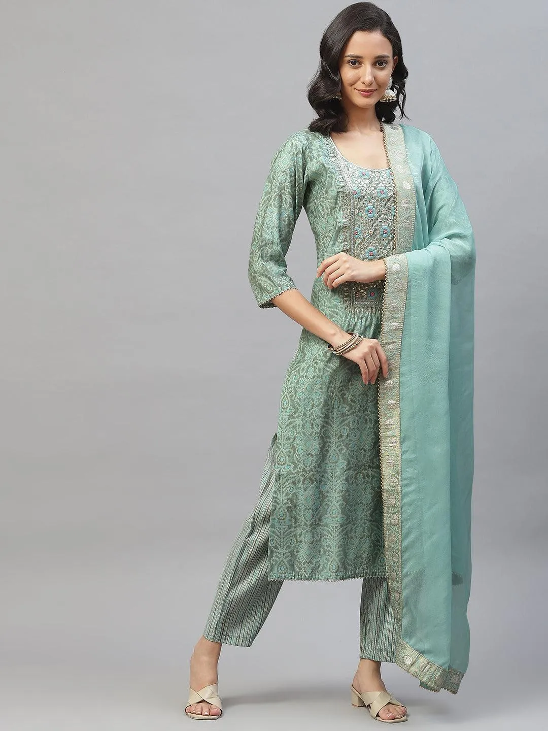 Divena Blue Hand Work Bandhani Printed Muslin Kurta Pant Set with Dupatta