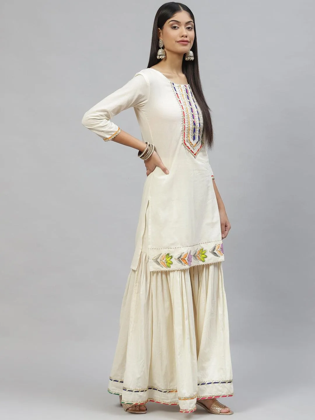 Divena Cream Solid Kurta Sharara Set with Hand Painted Dupatta