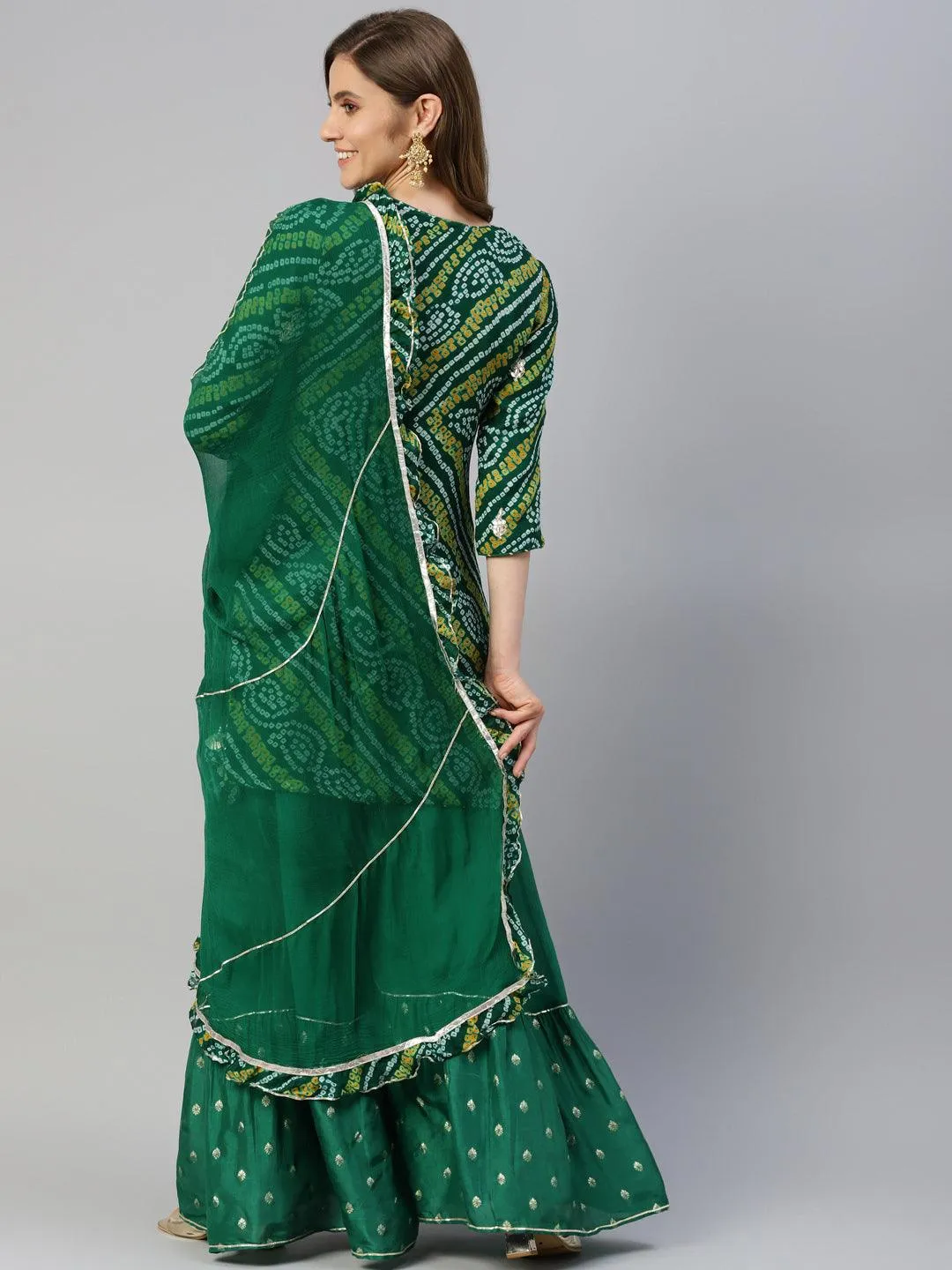 Divena Gota Work Green Bandhani Print georgette Kurta Palazzo Set with Dupatta