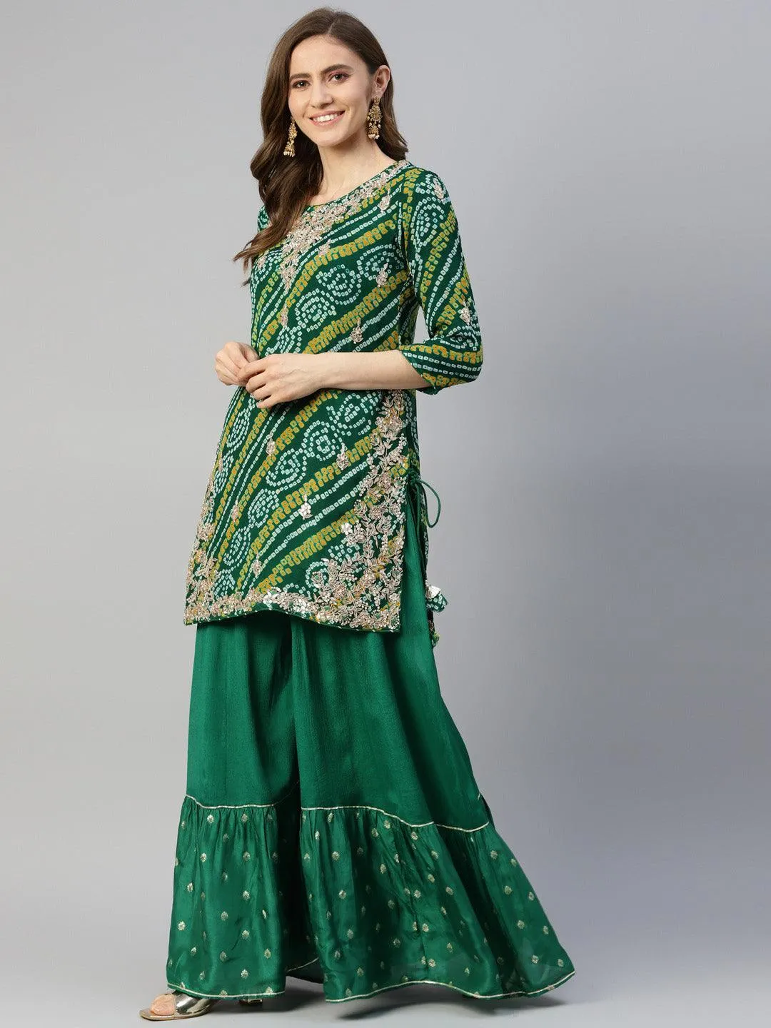 Divena Gota Work Green Bandhani Print georgette Kurta Palazzo Set with Dupatta