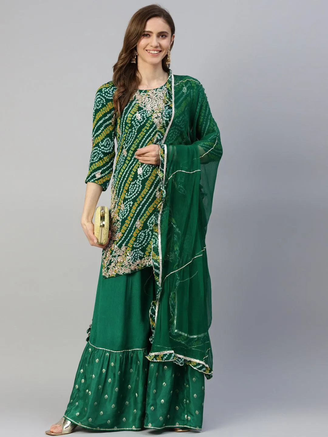 Divena Gota Work Green Bandhani Print georgette Kurta Palazzo Set with Dupatta