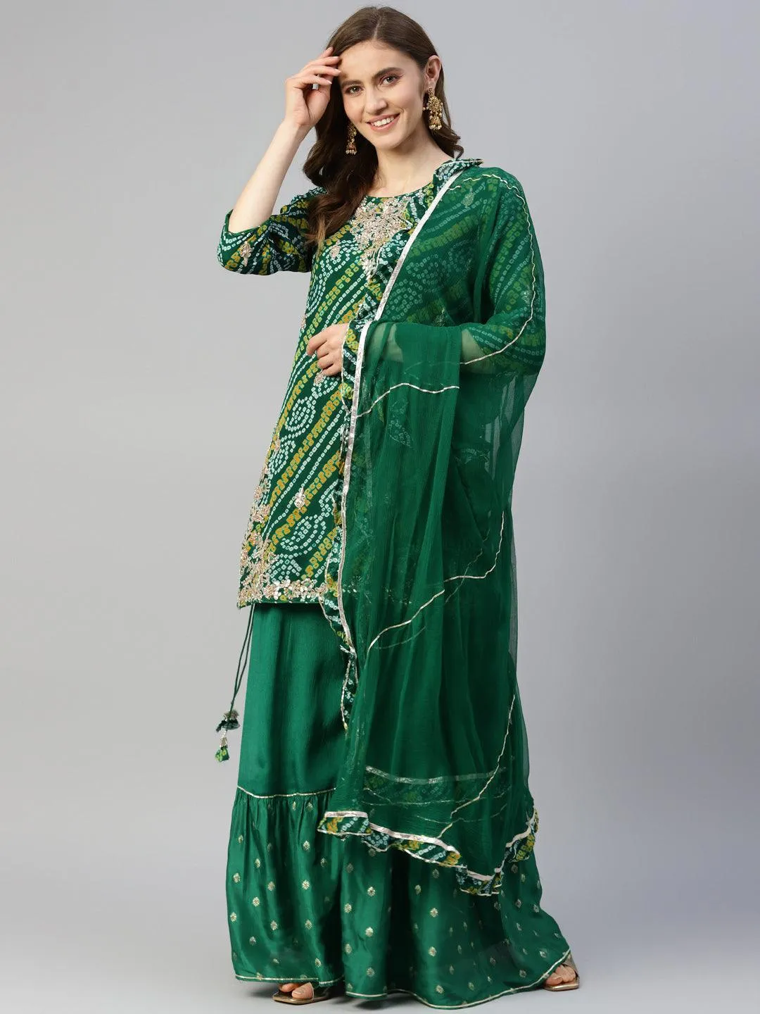 Divena Gota Work Green Bandhani Print georgette Kurta Palazzo Set with Dupatta