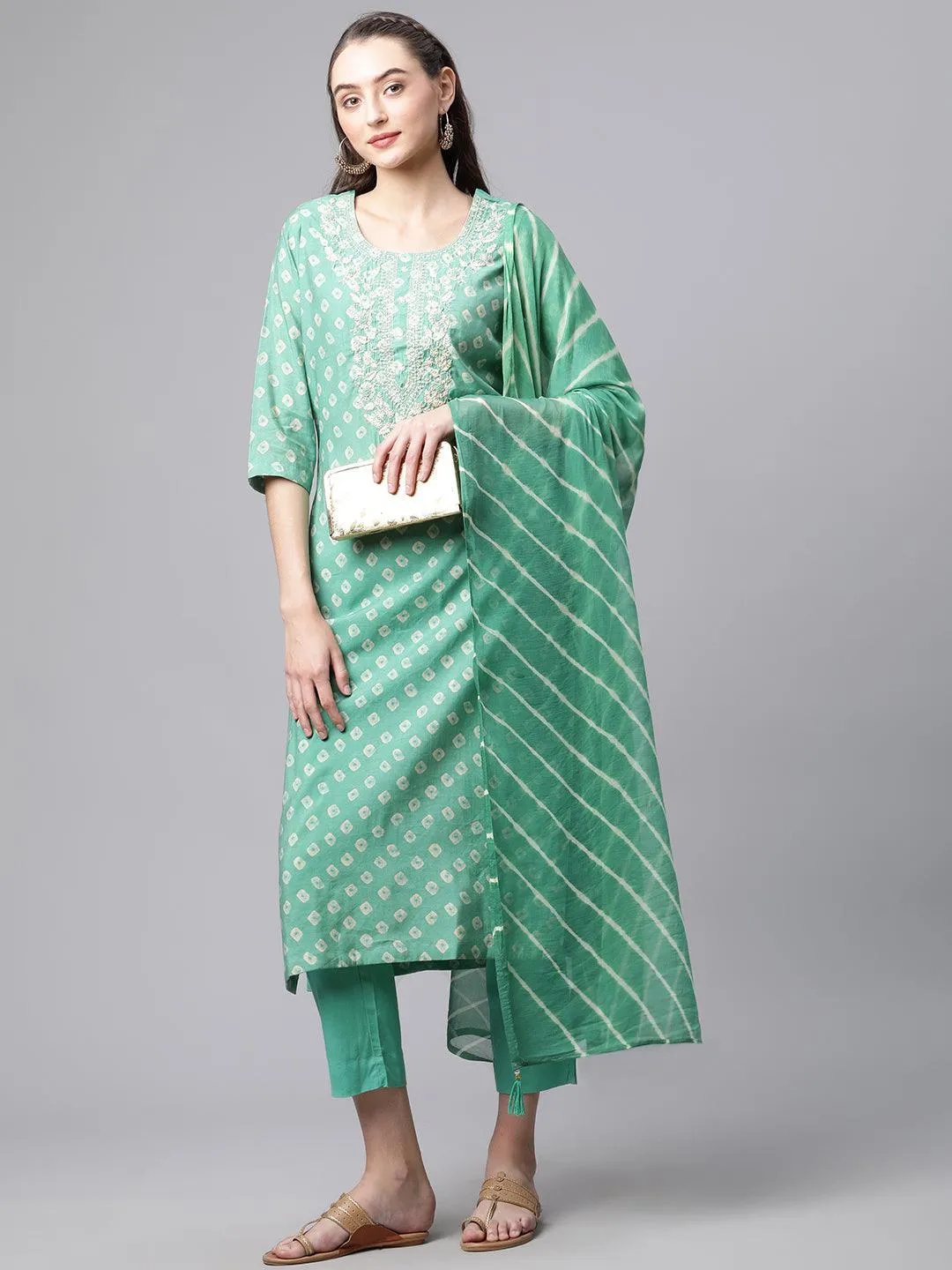 Divena Green Chanderi Kurta Cotton pant set With Chiffon leheriya Dupatta