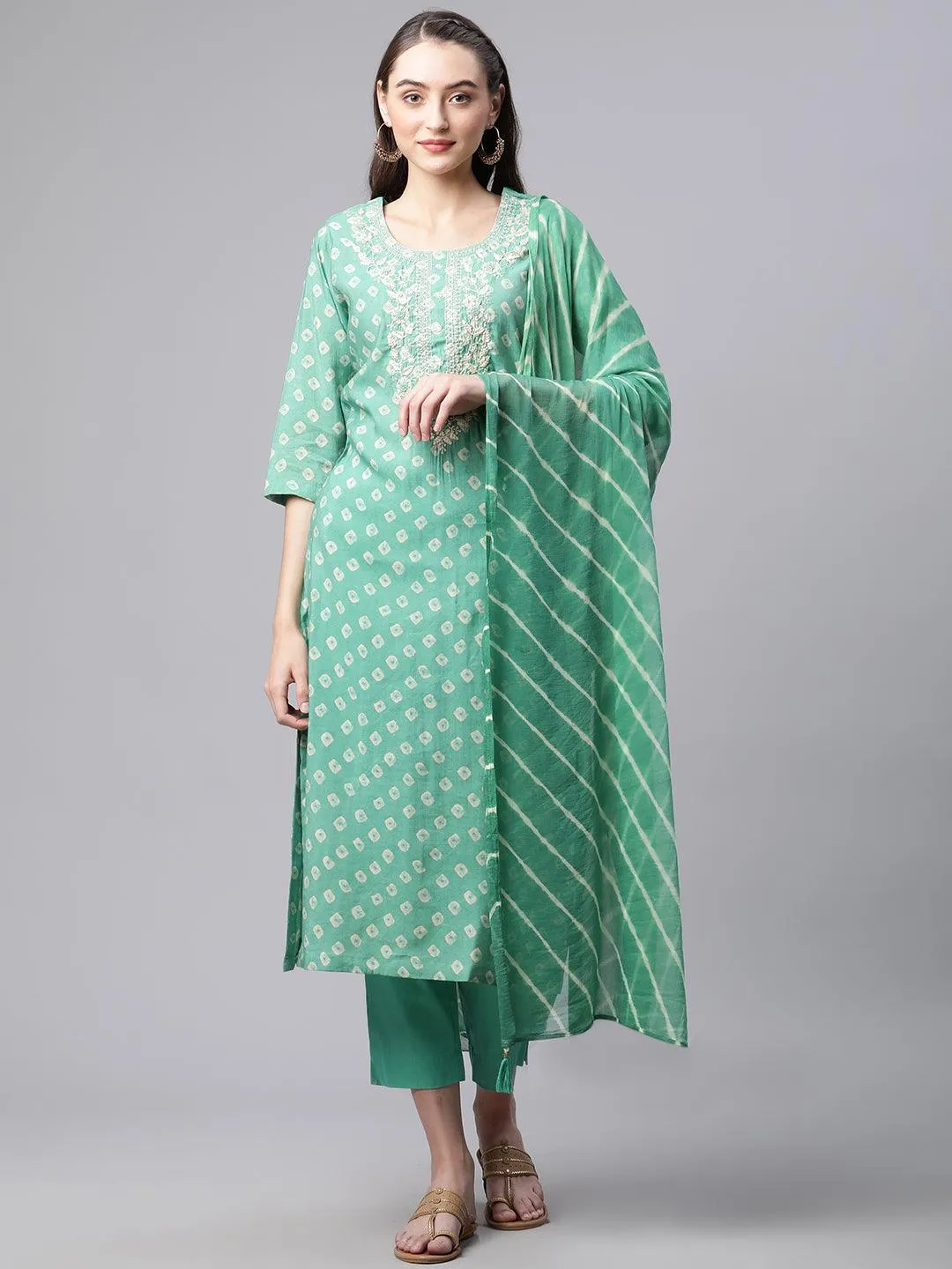 Divena Green Chanderi Kurta Cotton pant set With Chiffon leheriya Dupatta