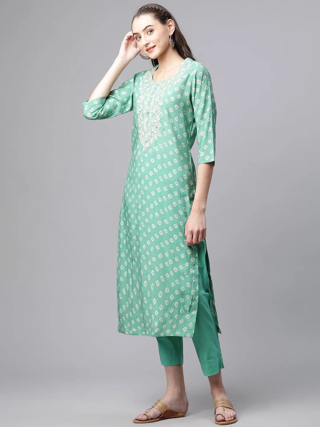 Divena Green Chanderi Kurta Cotton pant set With Chiffon leheriya Dupatta