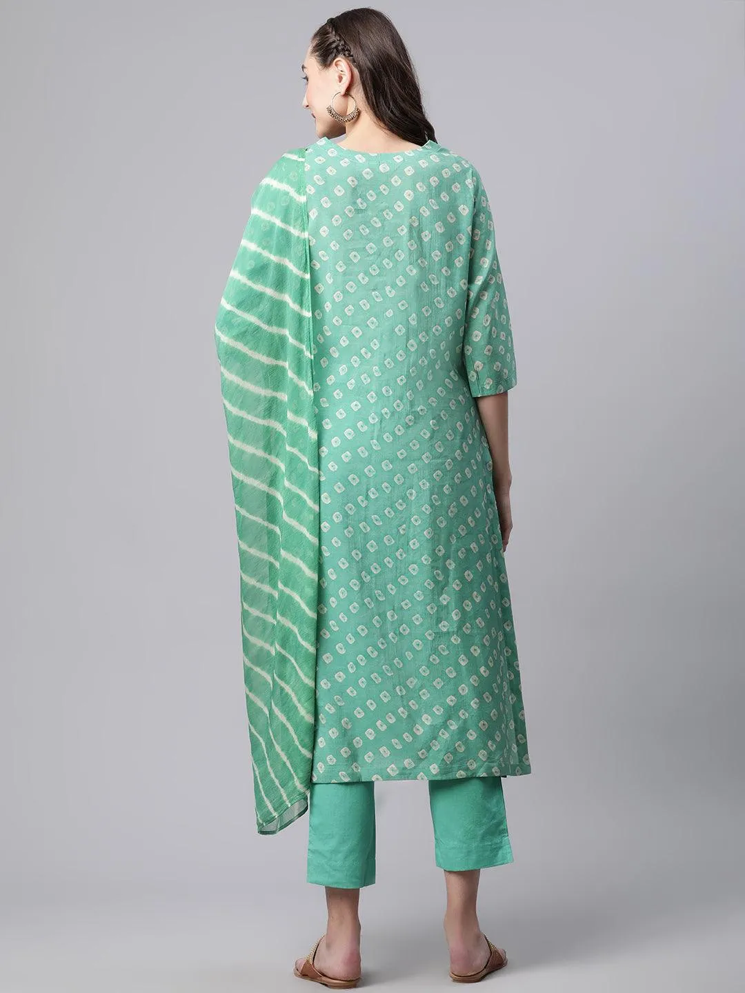 Divena Green Chanderi Kurta Cotton pant set With Chiffon leheriya Dupatta