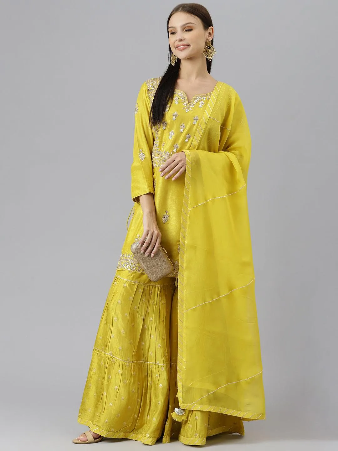 Divena Lemon Yellow Pure Rassion Chenderi Kurta Sharara Set with Dupatta