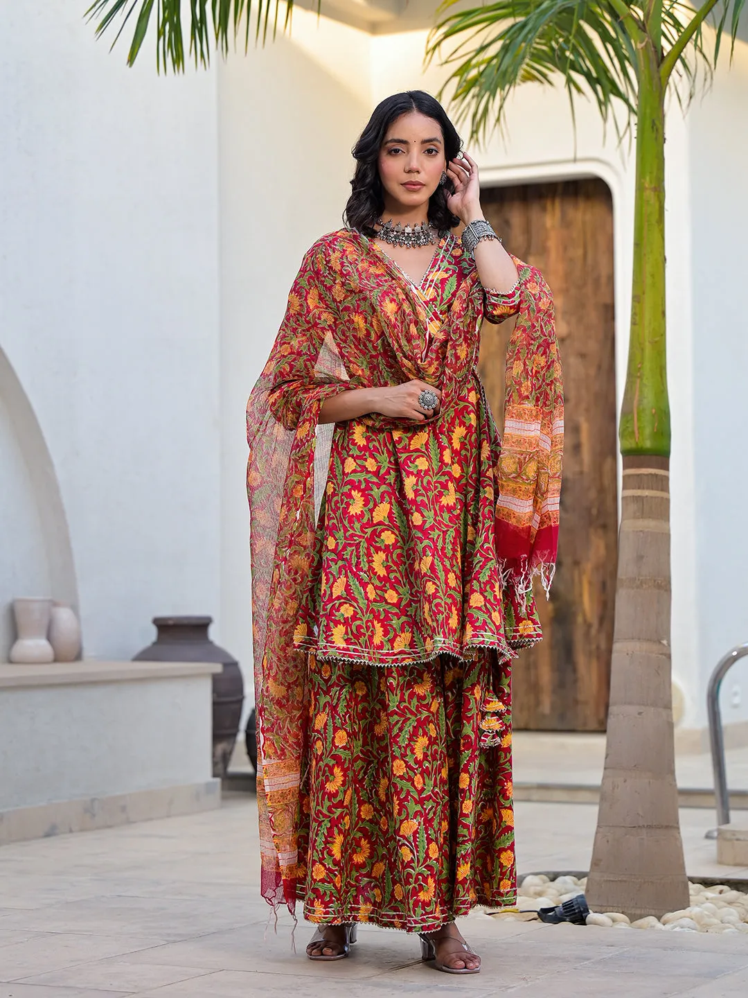 Divena Maroon Floral Print Cotton Angarkha Kurta Gharara Set for women