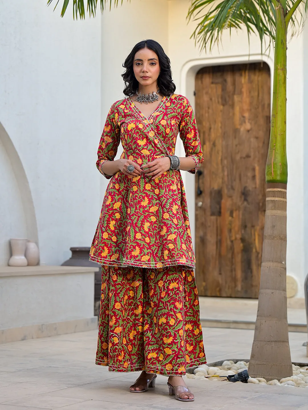 Divena Maroon Floral Print Cotton Angarkha Kurta Gharara Set for women