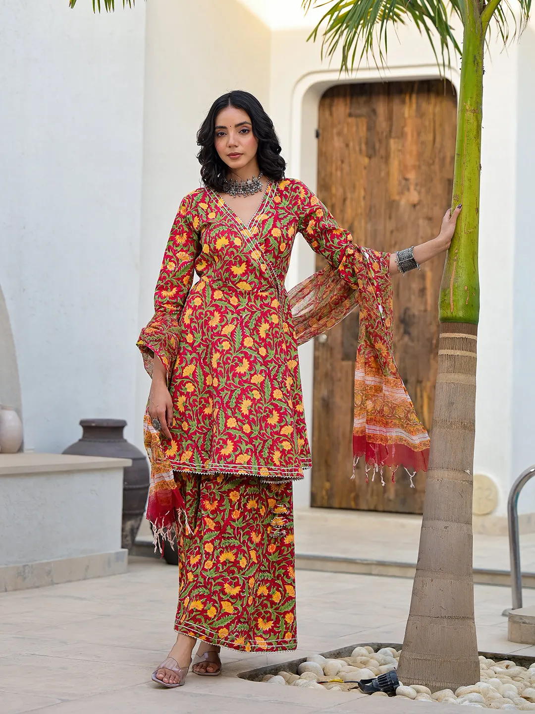 Divena Maroon Floral Print Cotton Angarkha Kurta Gharara Set for women