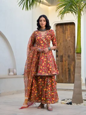 Divena Maroon Floral Print Cotton Angarkha Kurta Gharara Set for women