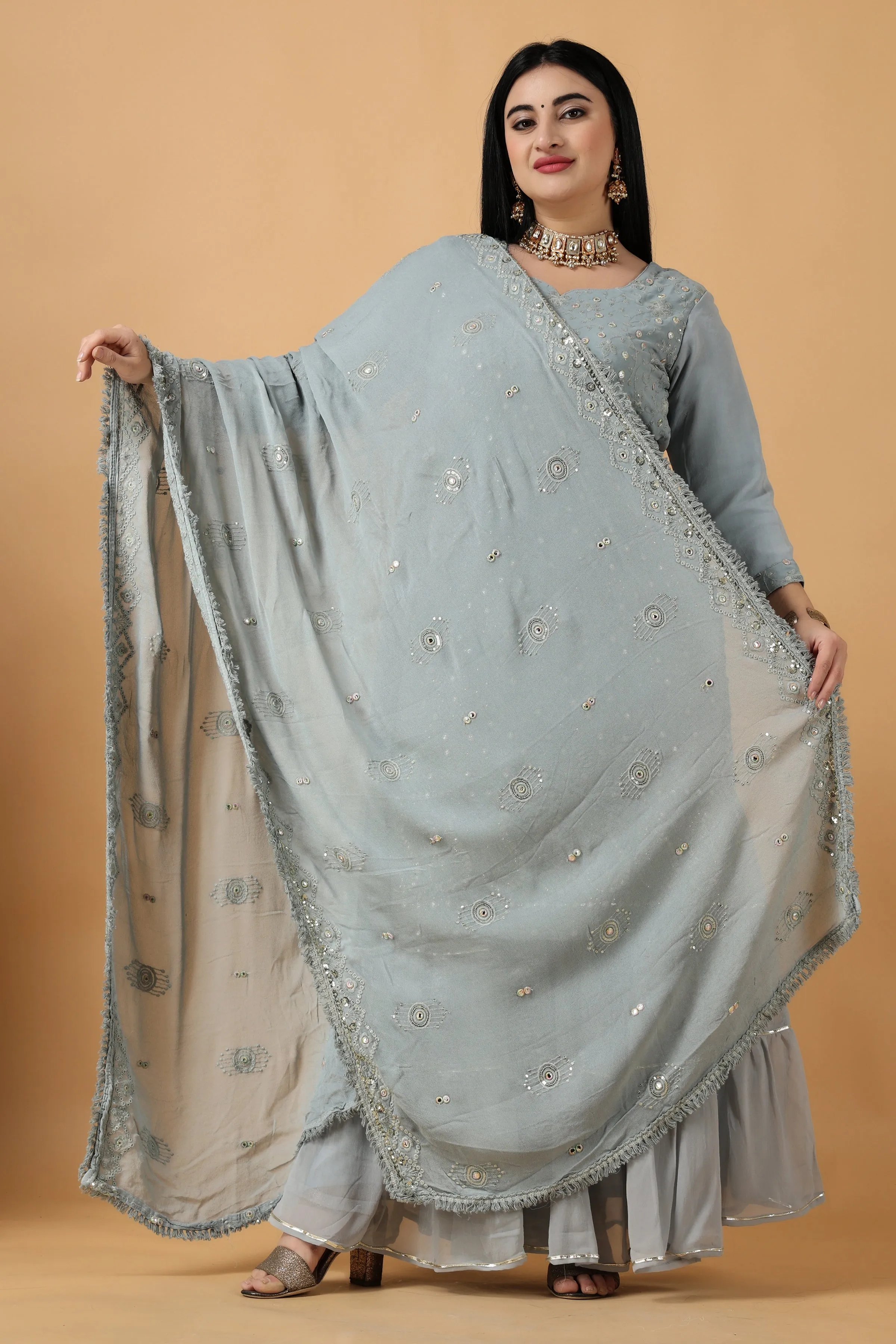 Foggy Grey Chikan Sharara Suit