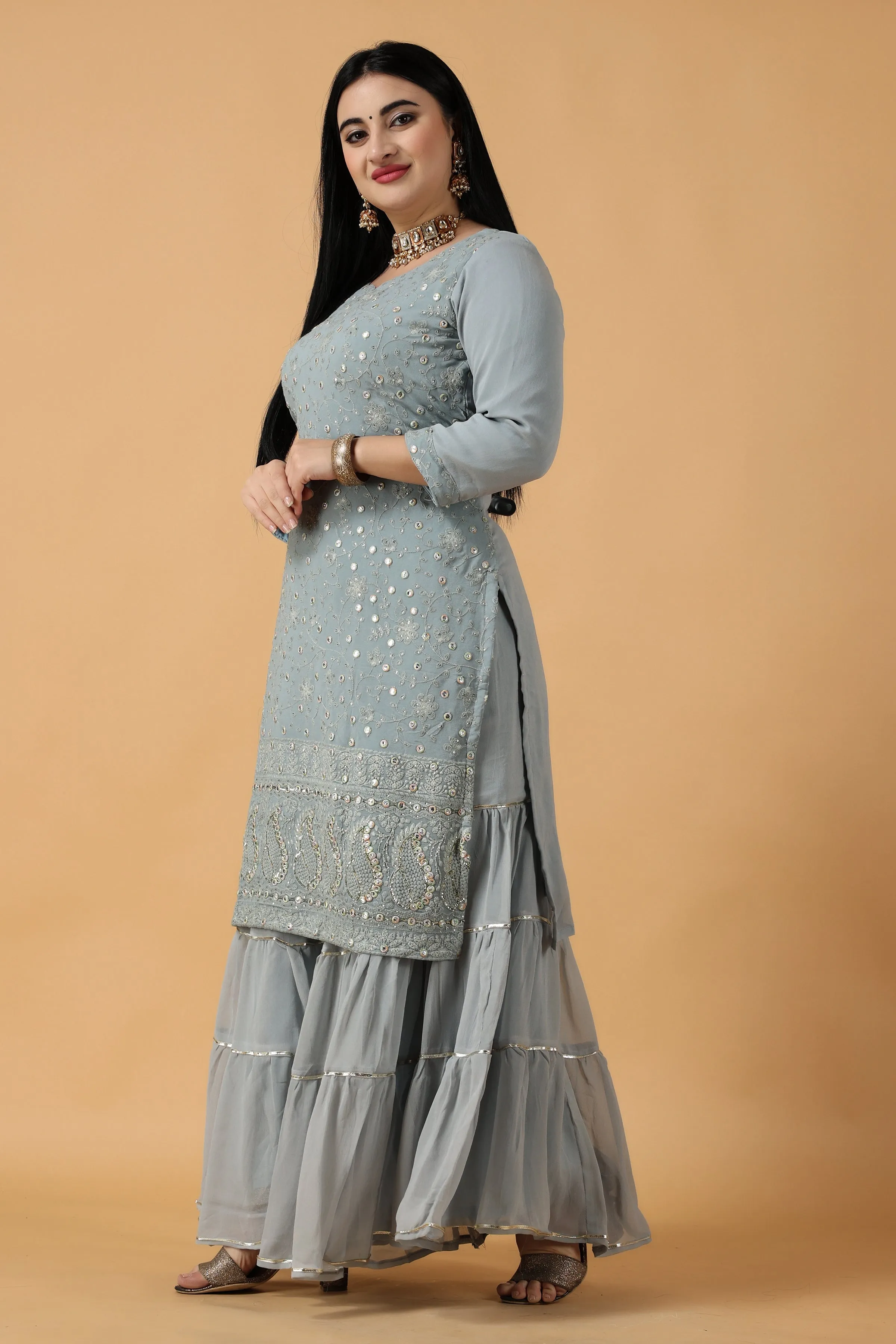 Foggy Grey Chikan Sharara Suit