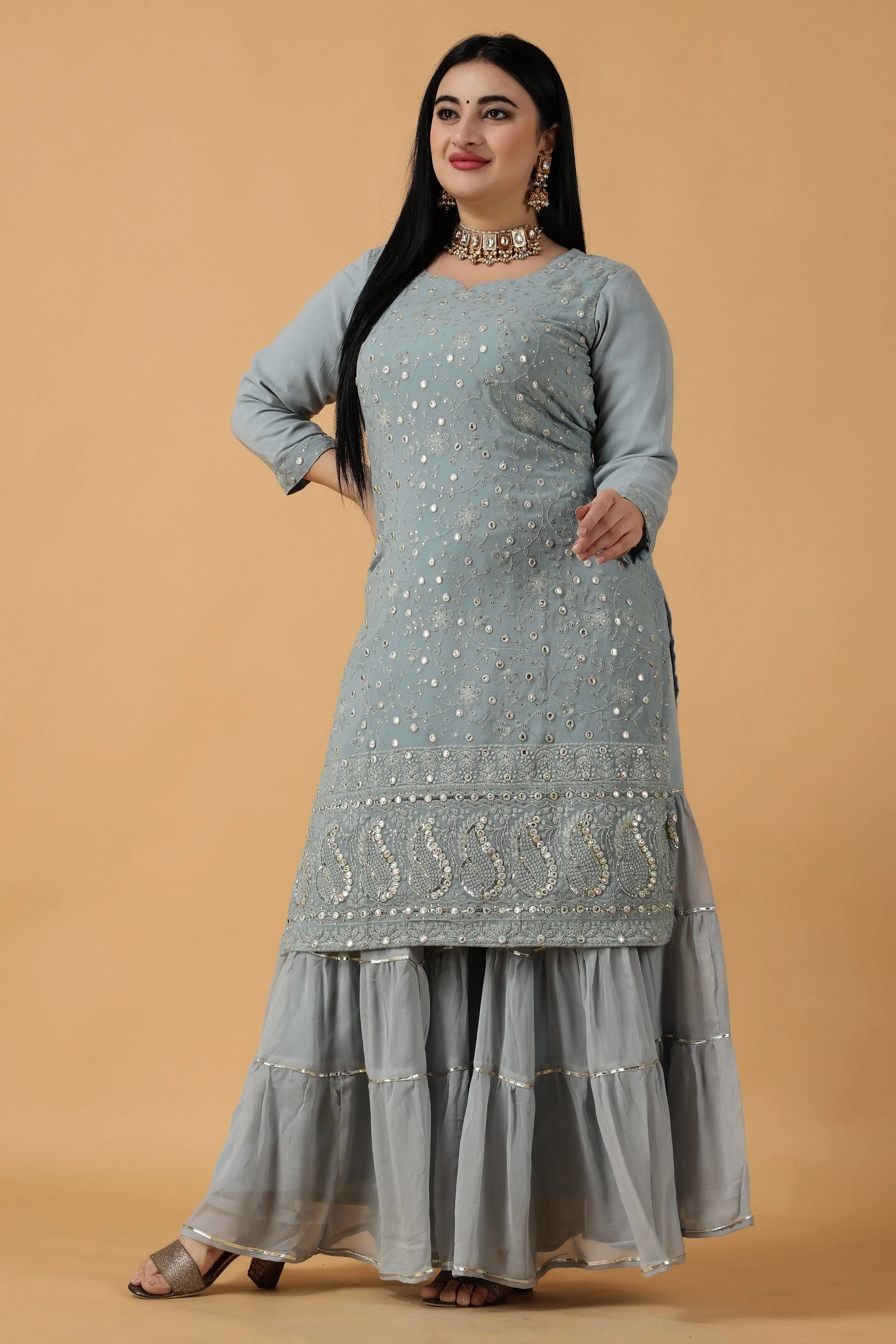 Foggy Grey Chikan Sharara Suit