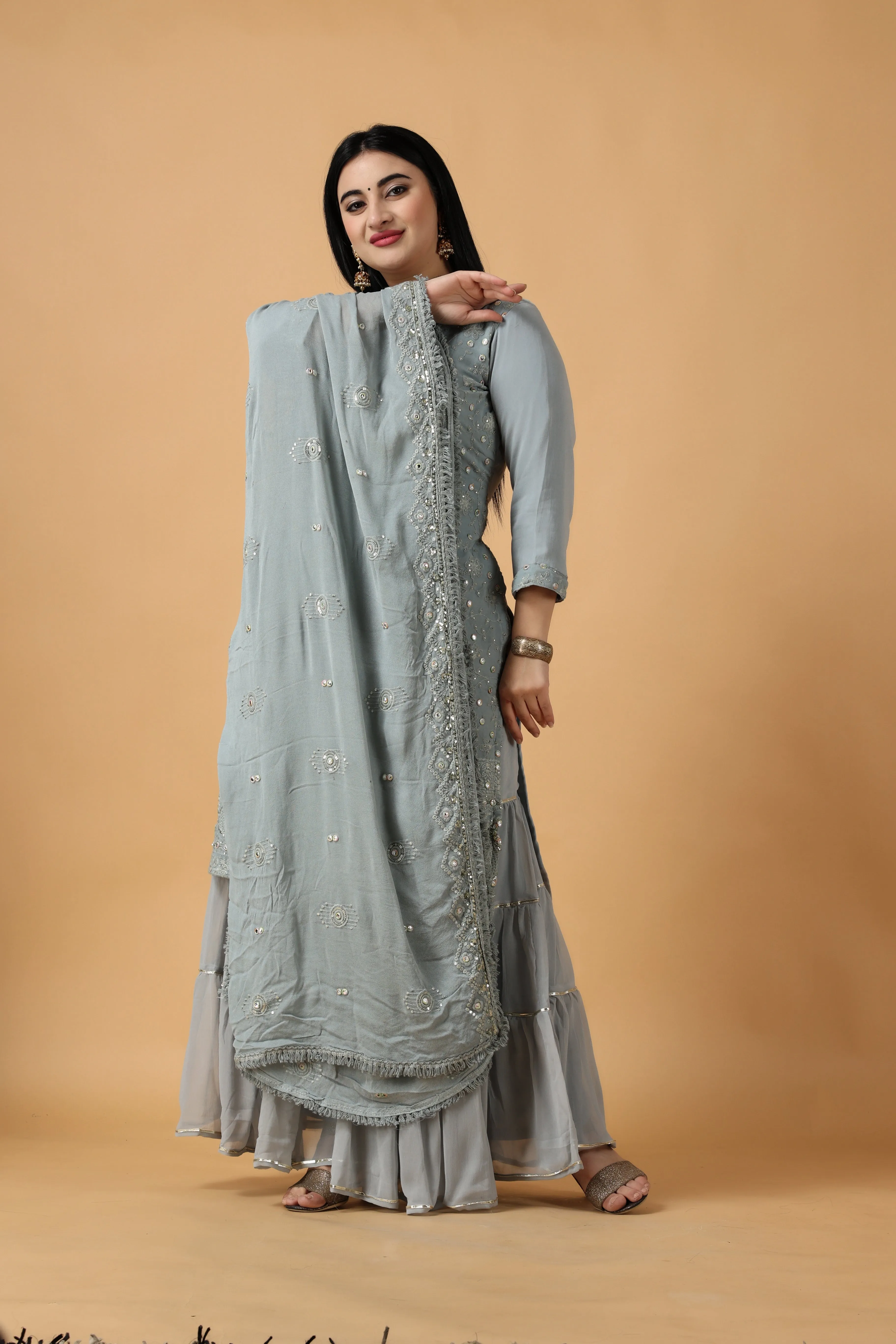 Foggy Grey Chikan Sharara Suit