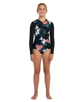 Girl's Bahia Long Sleeve FZ Surfsuit - Black Hibiscus