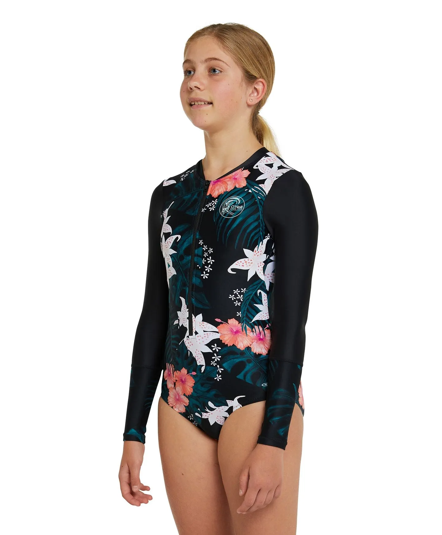 Girl's Bahia Long Sleeve FZ Surfsuit - Black Hibiscus