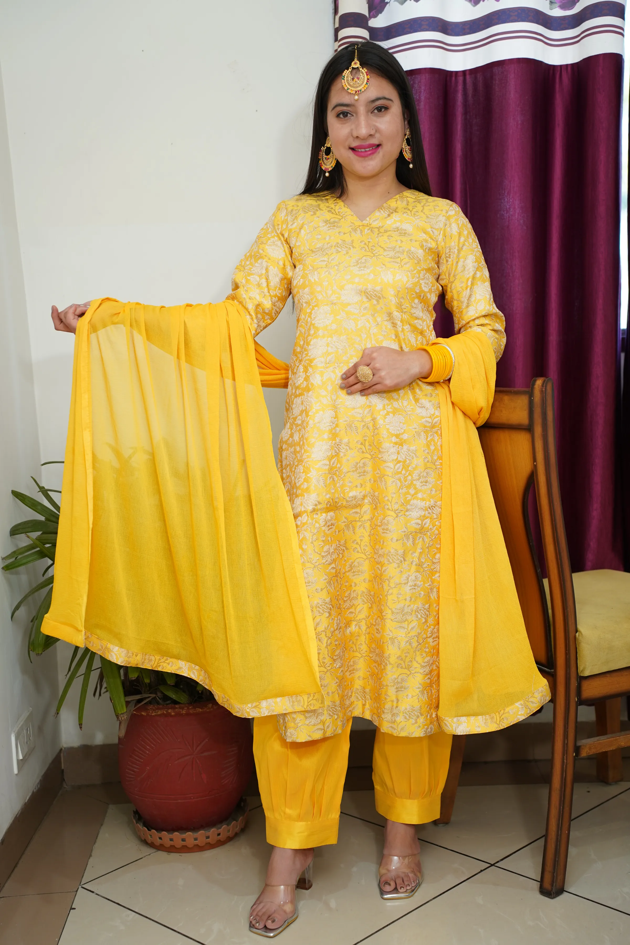 Gleaming Yellow Brocade Suit Set