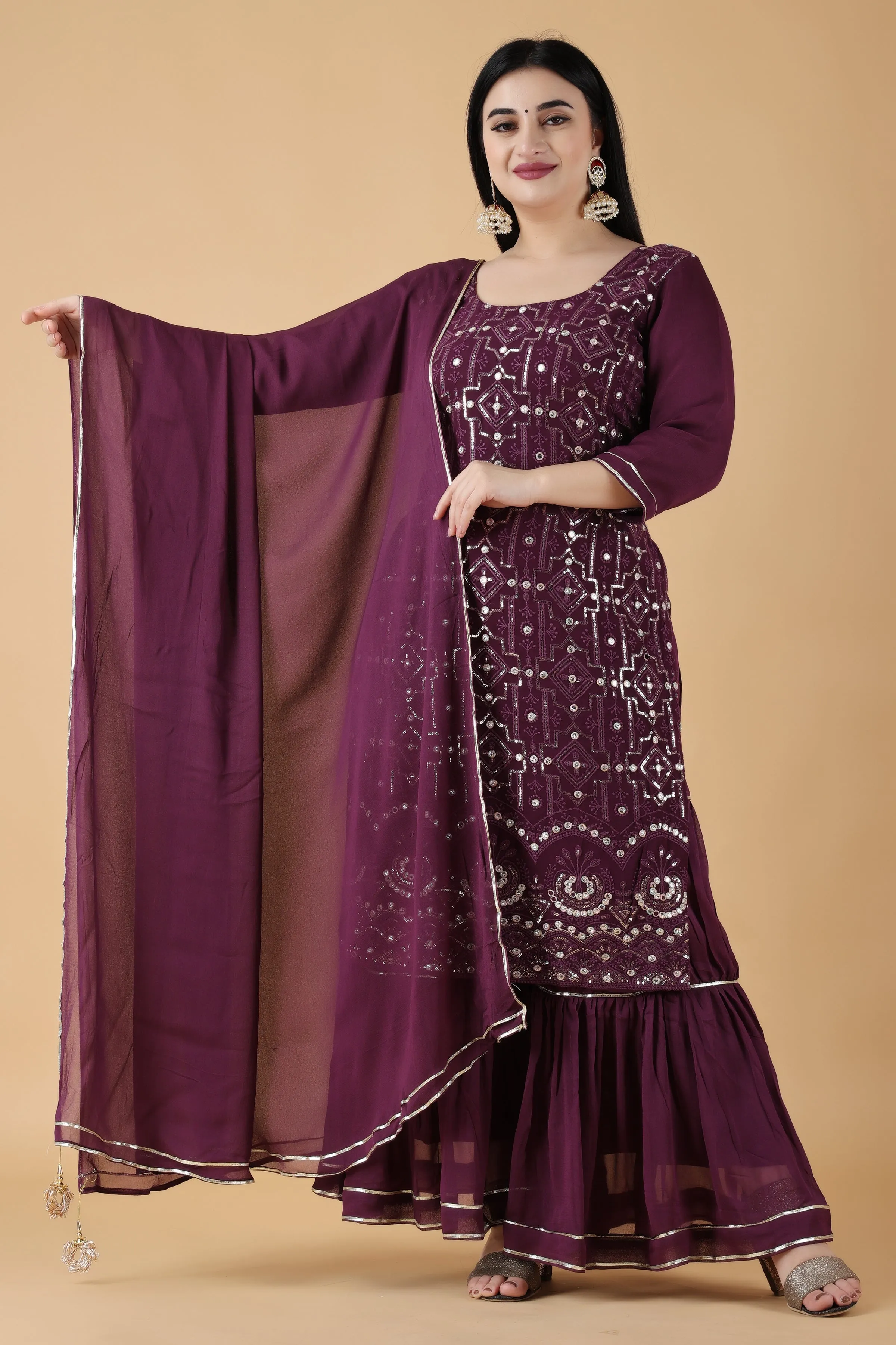 Grape Wine Mirrored Sharara Suit