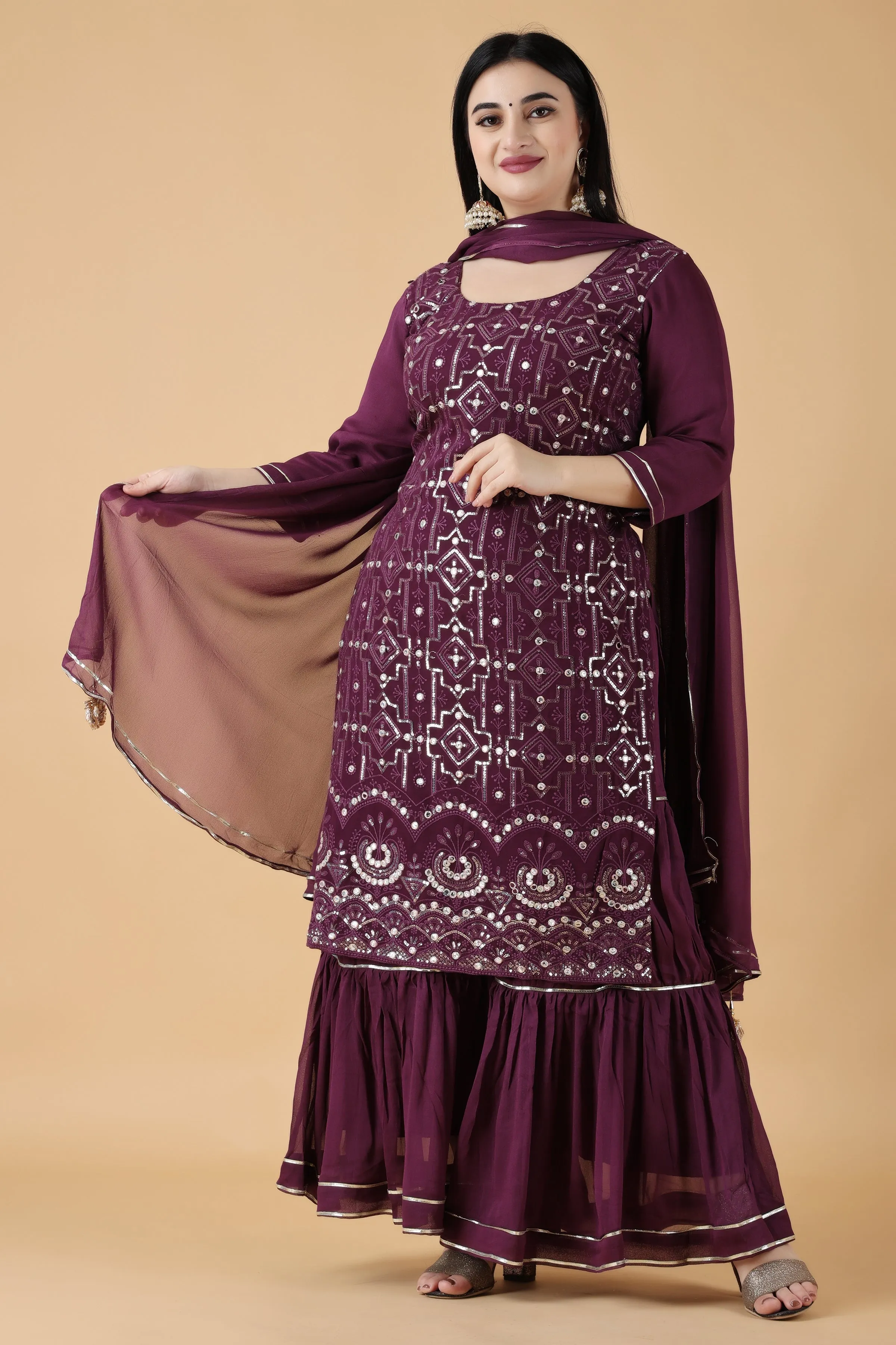 Grape Wine Mirrored Sharara Suit