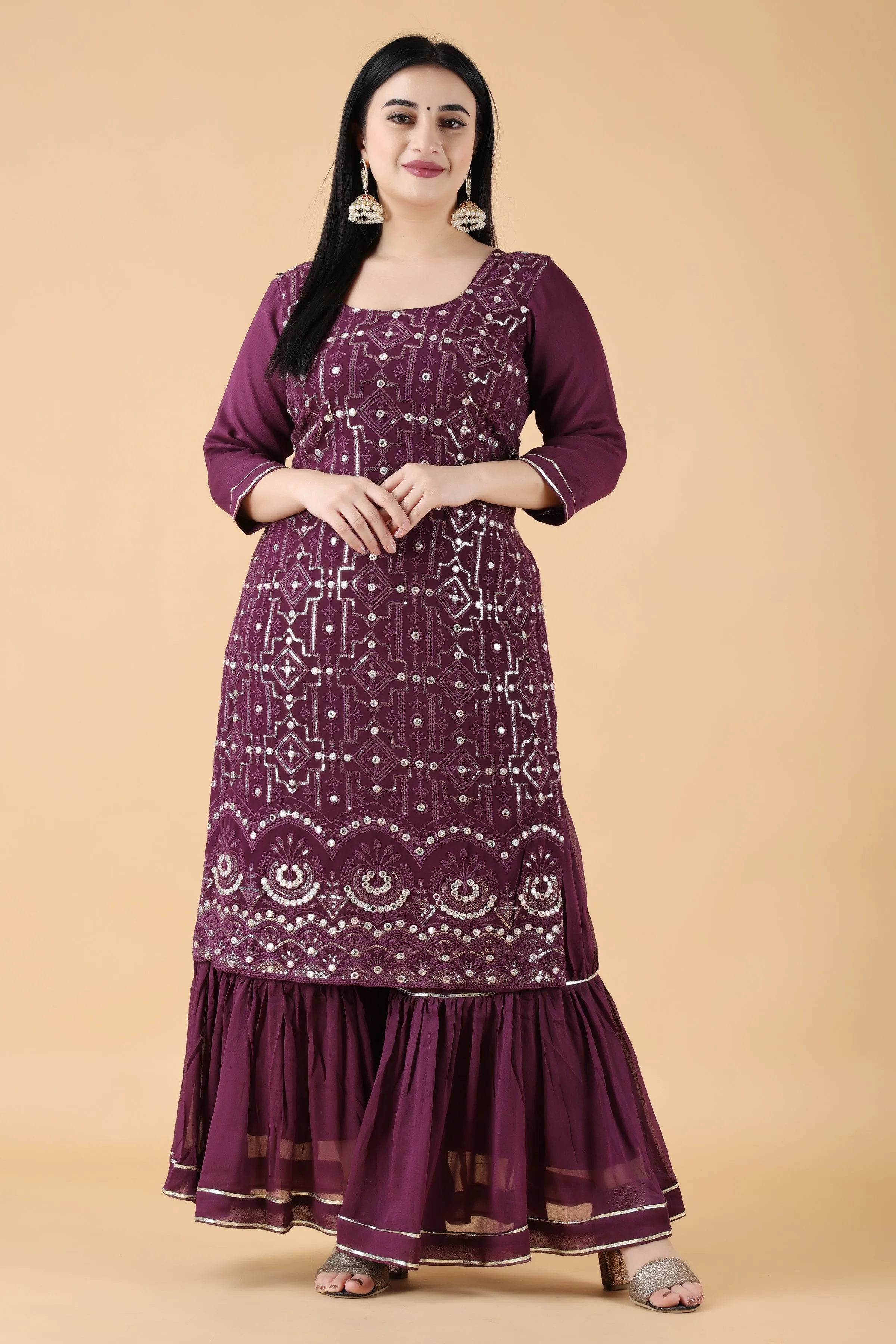 Grape Wine Mirrored Sharara Suit