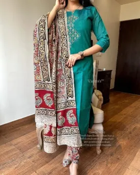 Green & Marron Pure Handloom South Cotton Kalamkari Print Suit Set