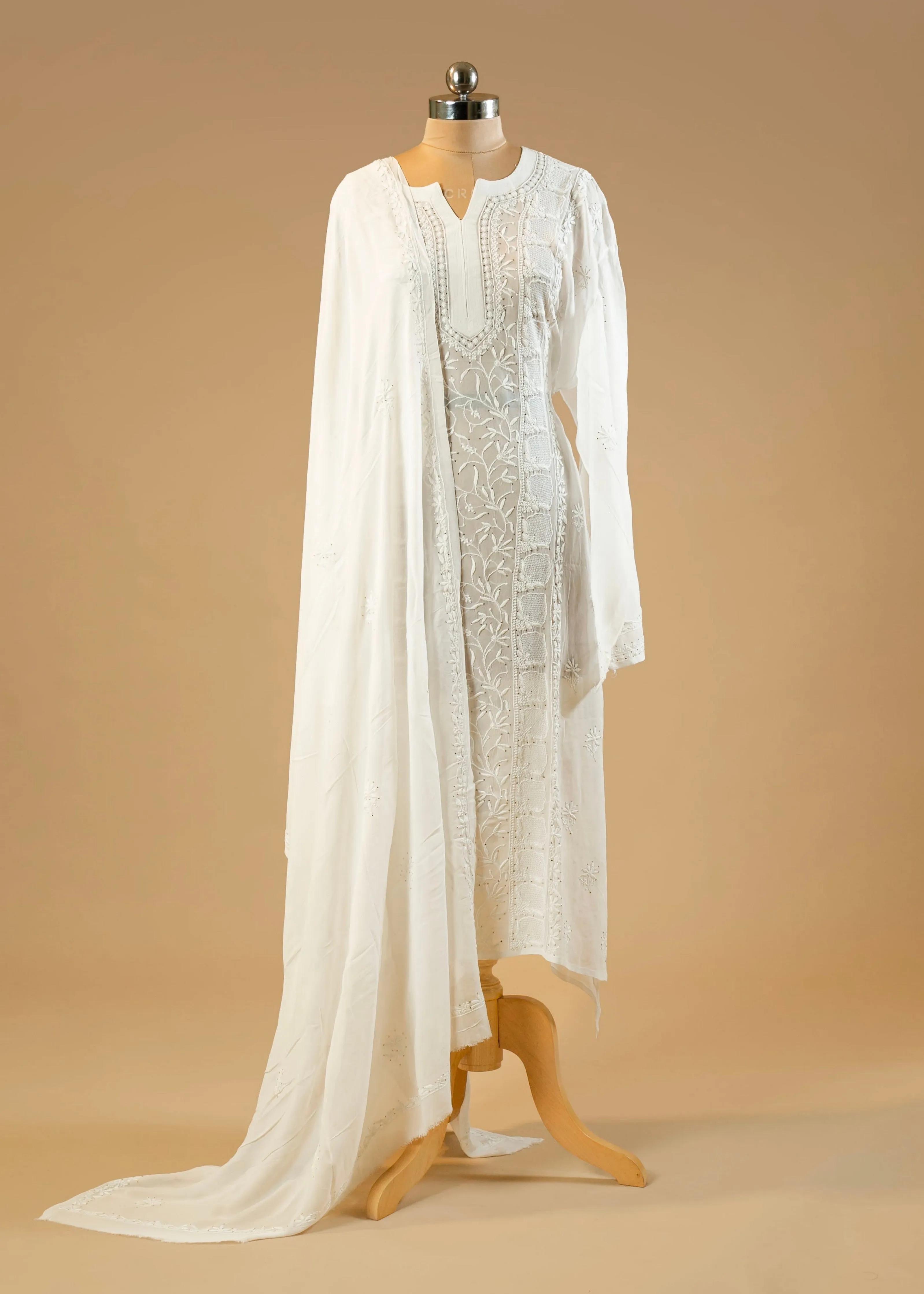 Hand-Embroidered Chikankari Lucknowi Shirt Set - Dyeable Georgette Fabric, Embroidered Dupatta, and Plain Bottoms