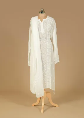 Hand-Embroidered Chikankari Lucknowi Shirt Set - Dyeable Georgette Fabric, Embroidered Dupatta, and Plain Bottoms