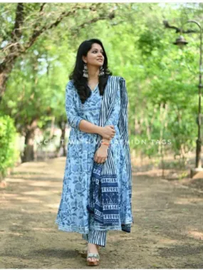 Indigo Bagru Cotton Blue Aline Salwar Suit