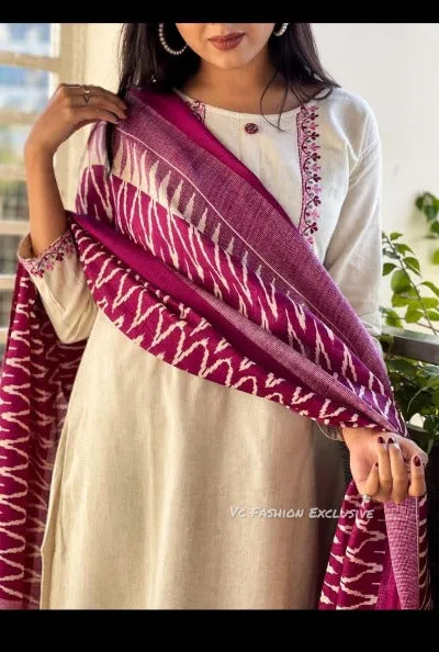 Ivory Magenta Embroidery Salwar Suit Print Dupatta Set