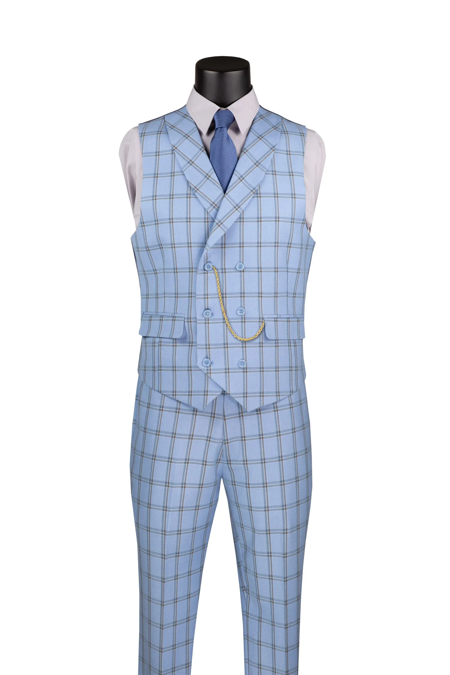 La Scale Collection-Windowpane Three Piece Suit - Light Blue