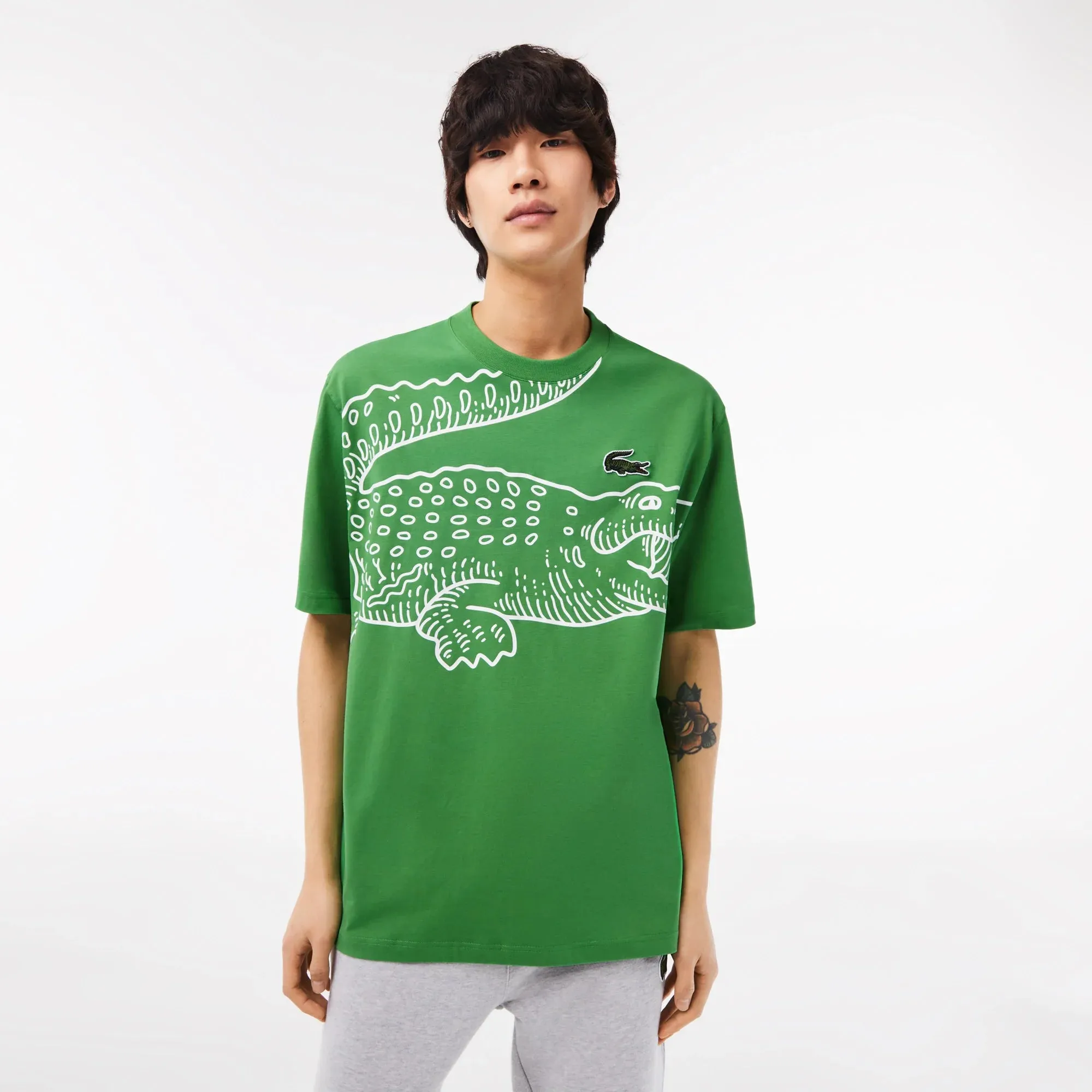 LACOSTE Men’s Crew Neck Loose Fit Crocodile Print T-Shirt