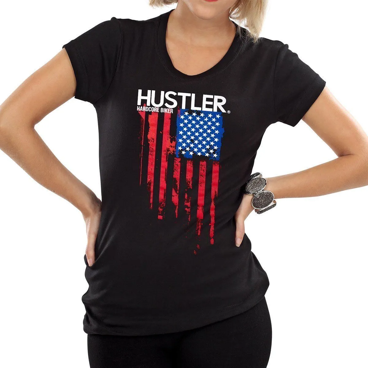 Ladies Officially Licensed Hustler HST-720 'Hardcore Biker Color Flag' Black Tee