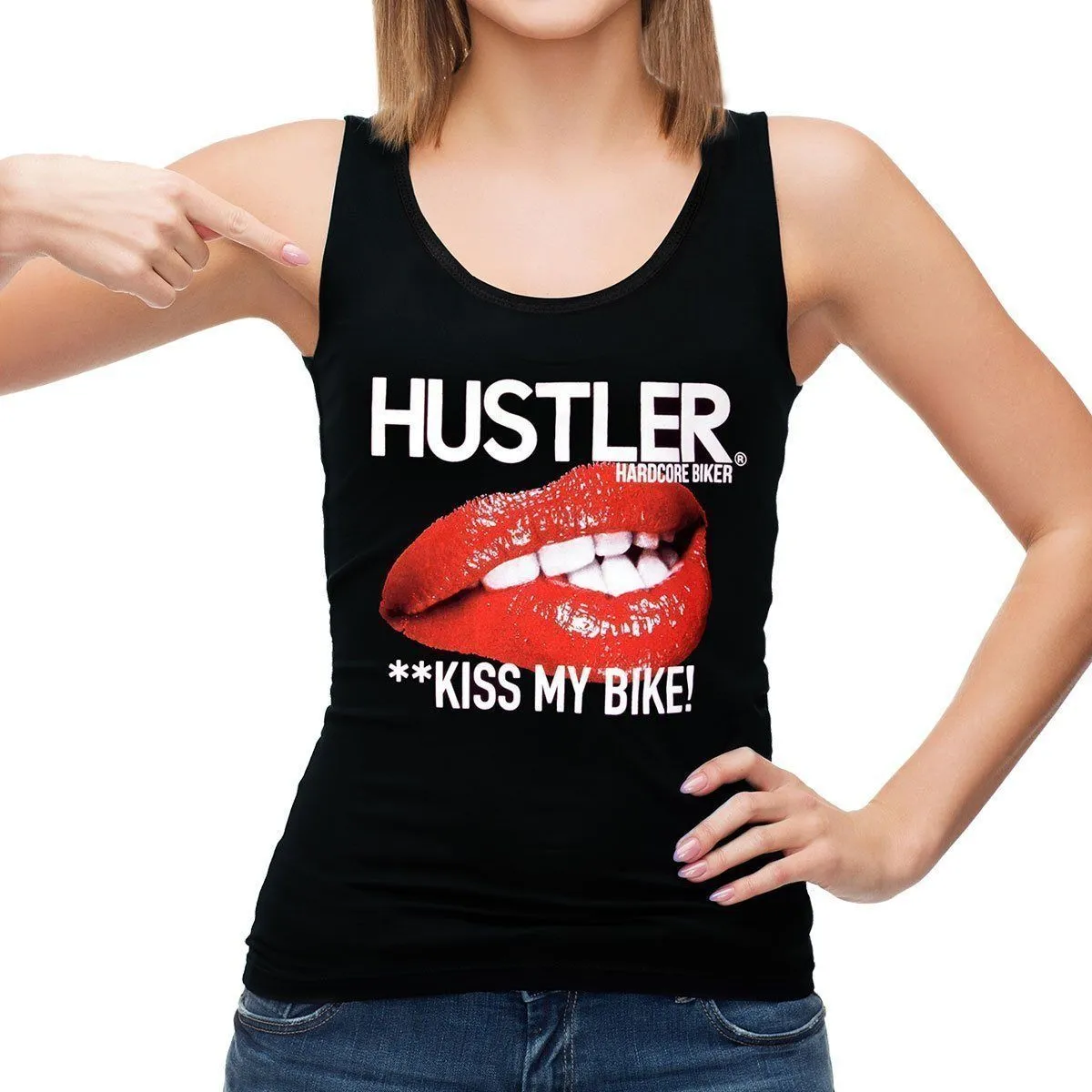 Ladies Officially Licensed Hustler HST-780 'Kiss My Bike' Black Racer Back Tank Top